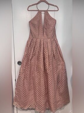 JS Collections Pink Halter Eyelet Fit-and-Flare formal Dress